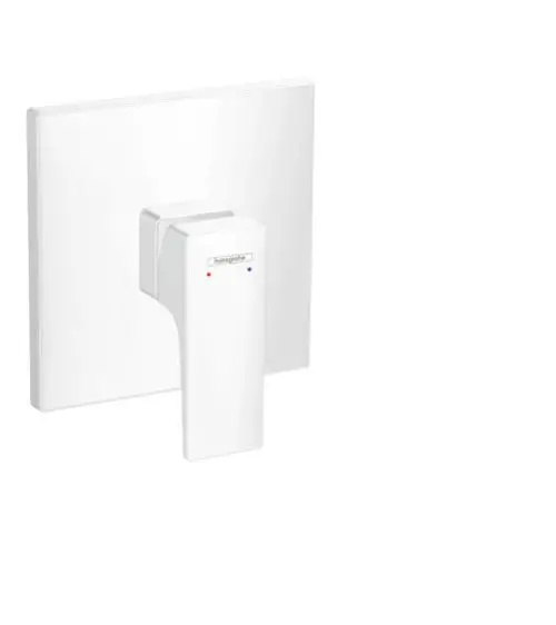 Weißer Unterputz-Brausemischer mit Hebelgriff von Hansgrohe, geeignet für iBox universal, montiert an einer hellen Wand.